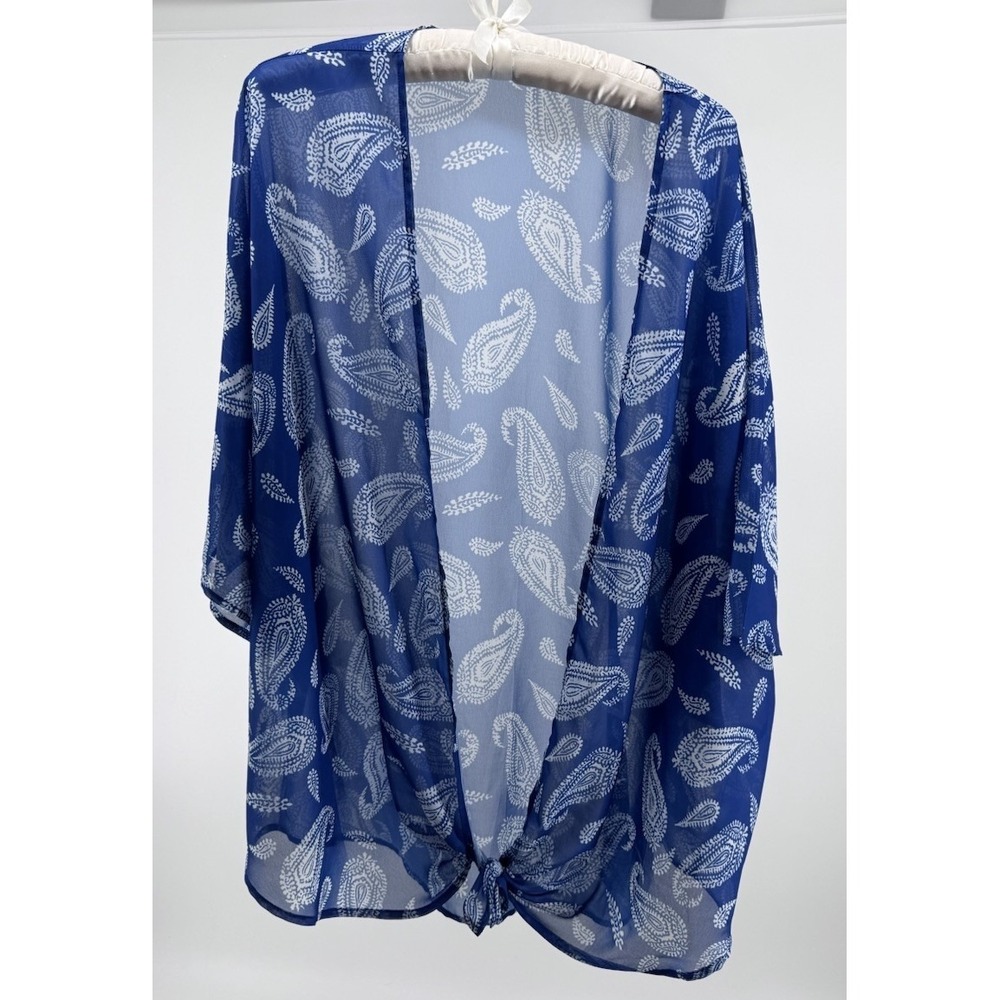 Women's Blue Paisley Sheer Kimono Cover Up Tie Front 3XL Lightweight Resortwear - Picture 2 of 9